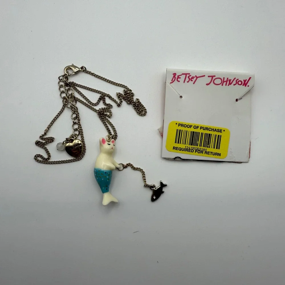 NEW Betsey Johnson Purrmaid Chain Necklace Cat Fish Silver Funky - Picture 6 of 6
